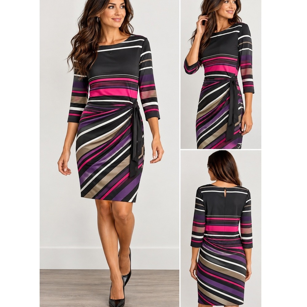 Jessica Women's Striped Ruched Sheath Dress Size 12 Black Pink Purple 3/4 Sleeve